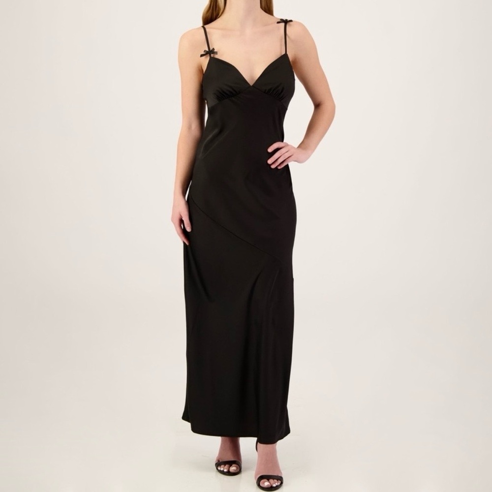 Crystal Doll Black Satin 3D Bow Slip Dress Long Formal Gown Prom Event NWT Large